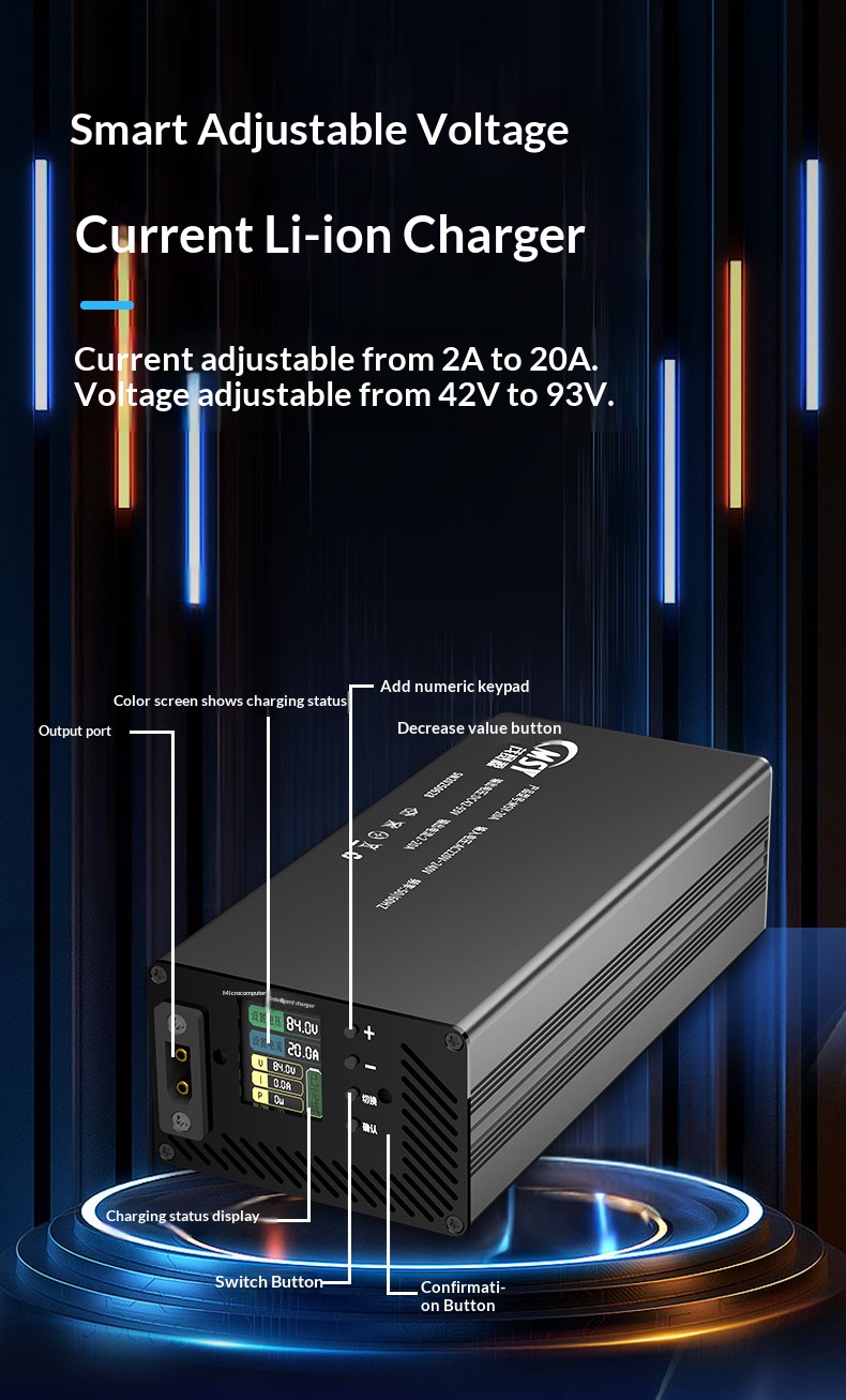 Cargador ajustable de 10-93V 2 - 84V 20A Smart Charger reseña y precio